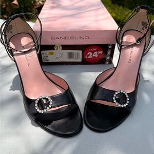 Bandolino Black Heeled Sandals with Rhinestone Buckle